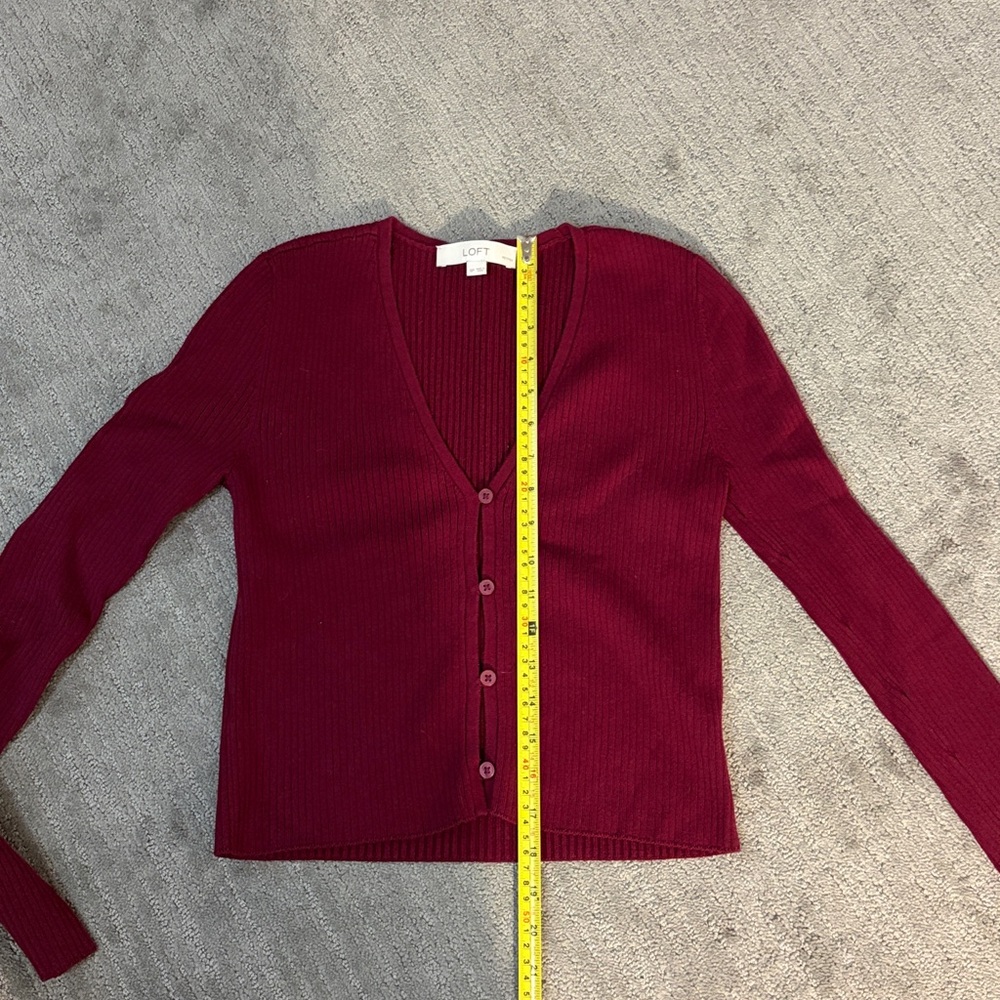 LOFT Women's Deep Red Ribbed Cardigan - Picture 4 of 7